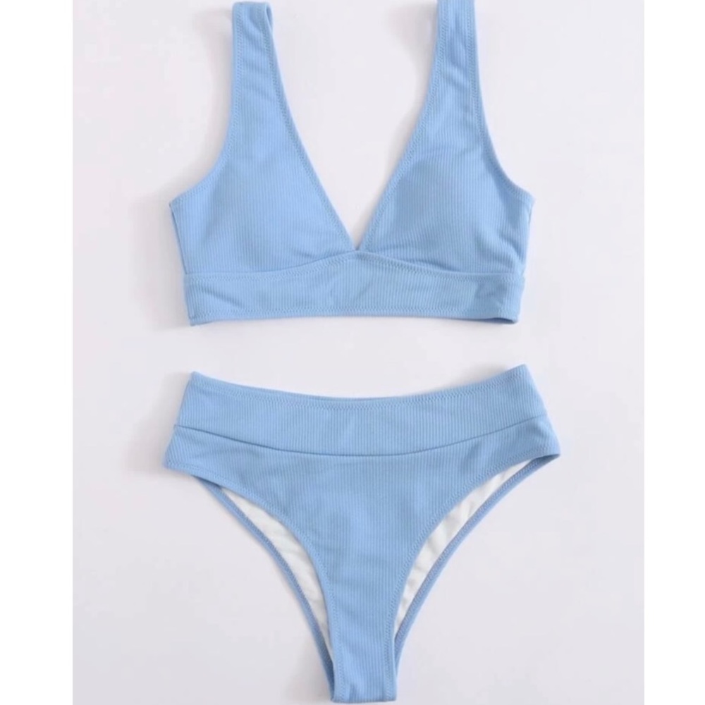 Baby Blue Ribbed High Waisted Bikini